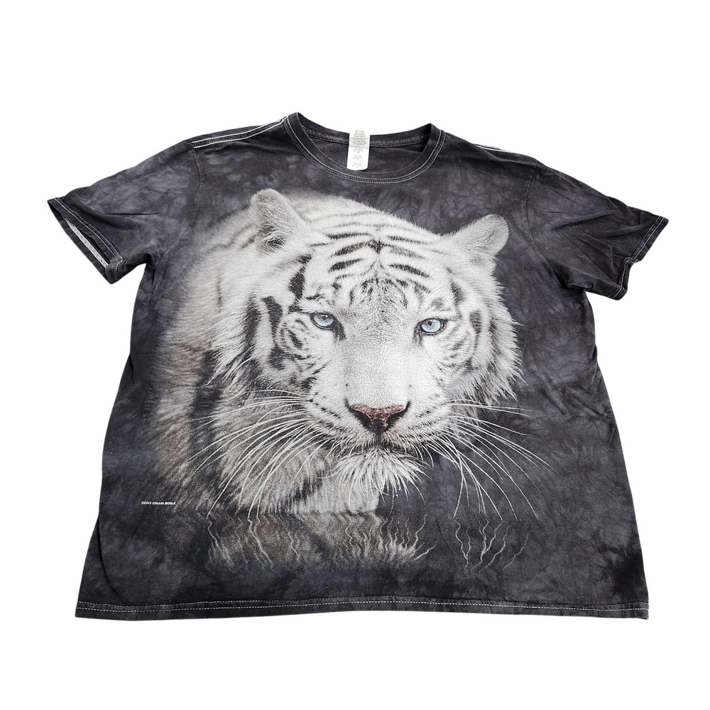 Gildan Softstyle Shirt Mens Large Gray White Tiger Graphic Tee Tie Dye Top